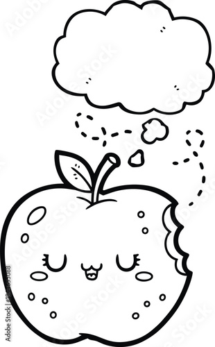 Cute bitten apple with sleepy face and thought bubble doodle icon, whimsical cartoon line illustration