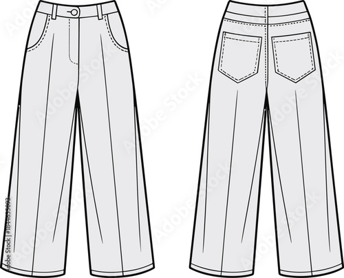 Cropped Wide Leg Culotte Trousers Technical Fashion Flat Sketch Template, Featuring High Waist and Pleats, Front and Back Views, Apparel Garment Design Vector Illustration.