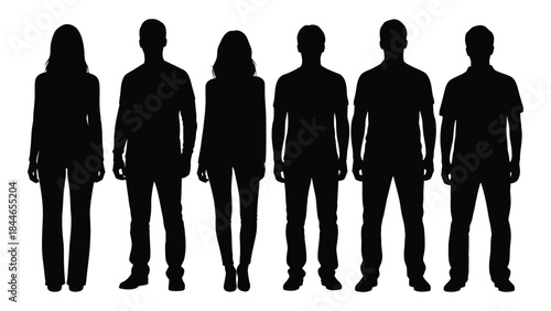A row of six anonymous people standing together depicted as a striking silhouette