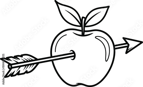 Apple pierced by arrow line icon, love, temptation and target concept illustration in minimal outline style