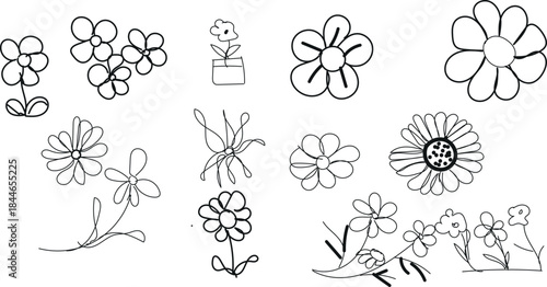 Black and white line drawings of various flowers and bouquets on
