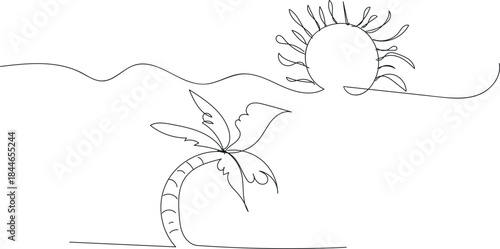 A minimalist line drawing of a palm tree and sun on a simple landscape