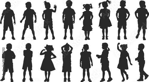 Diverse Children Kids Silhouettes Collection Set, Featuring Boys and Girls Playing, Standing, Waving, and Moving in Various Poses, Vector Illustration for Childhood and Youth.