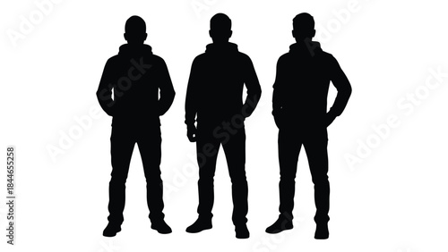 Three men standing together facing forward in a stark black graphic silhouette