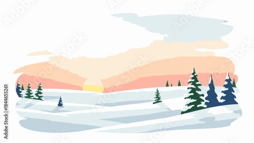 Illustration of a serene winter landscape with snow-covered ground, evergreen trees, and a vibrant sunset in the background, conveying a peaceful and cold musim dingin atmosphere.