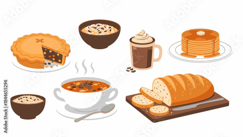 A flat lay illustration of various winter comfort foods, including soup, bread, pancakes, and coffee, arranged on a clean white background, evoking a cozy musim dingin atmosphere with warm