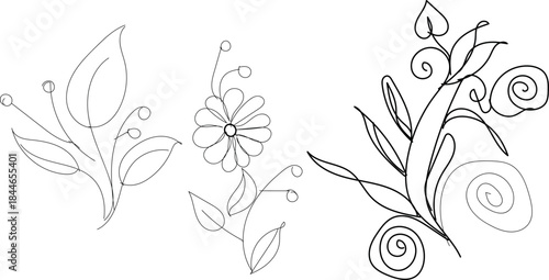 Black and white line drawing of flowers and leaves on