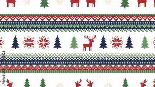 A festive winter-themed pattern featuring colorful Christmas trees, reindeer, and snowflakes on a white background with a traditional knitwear design, evoking a musim dingin atmosphere.