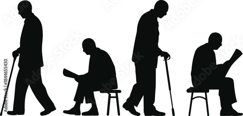 Elderly man silhouette set, walking with cane, sitting and reading newspaper poses, senior lifestyle vector illustration for aging, health and retirement themes