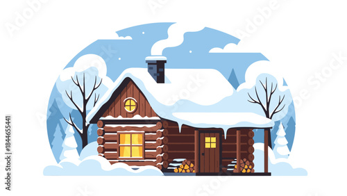 A cozy log cabin with snow-covered roof and warm glowing windows surrounded by bare trees on a cold winter day with a serene blue sky.