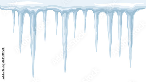 A close-up shot of icicles hanging from a frozen edge against a white background, conveying a cold and wintry mood with sharp details.