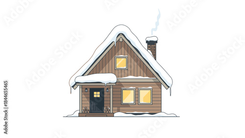 A cozy brown wooden house with snow-covered roof and chimney emitting smoke, set against a plain white background, evoking a serene musim dingin atmosphere with warm lighting through its