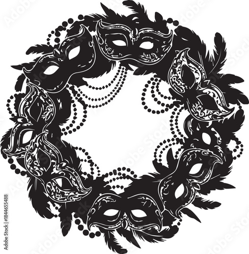 Ornate black masquerade mask wreath with feathers and beads