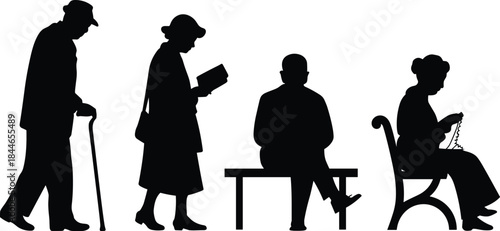 Elderly people silhouettes, walking with cane, reading books, knitting, sitting on bench, senior lifestyle vector art for retirement, aging and daily life