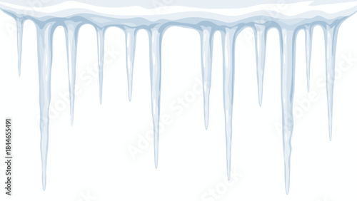 A row of icicles hanging from a sheet of ice against a white background, conveying a cold and wintry mood with a shallow depth of field, during musim dingin.