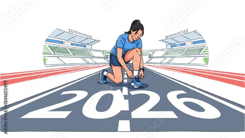 Happy New Year! Athlete prepares for the New Year 2026 run on a stadium track.
