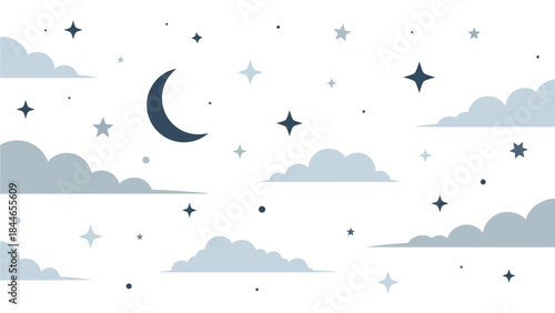 Illustration of a serene night sky with a crescent moon, stars, and clouds in shades of blue on a white background, evoking a peaceful winter night or musim dingin atmosphere.