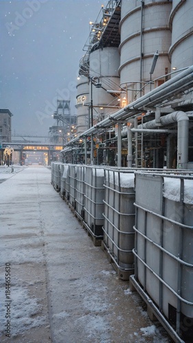 The old industrial factory is still operating even when covered in thick snow.