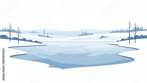 A serene winter landscape featuring a frozen lake surrounded by snow-covered trees and hills under a clear sky with a calming atmosphere of musim dingin.