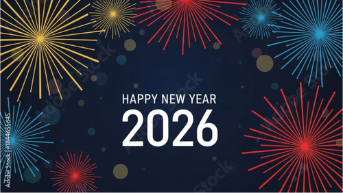 Happy New Year 2026 celebration banner with colorful fireworks for the New Year.