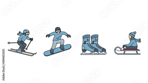 A set of four illustrations depicting winter sports activities during musim dingin, featuring a snowboarder, skiing person, snowboard boots, and someone on a sled, all in a blue and black