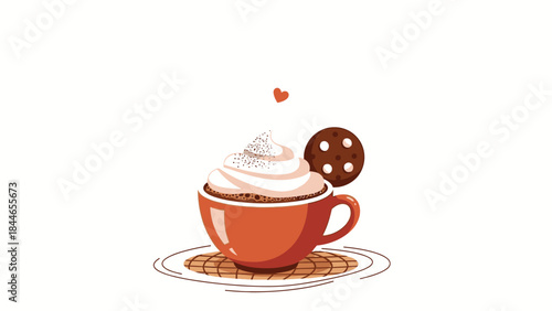 Illustration of a warm cup with whipped cream and a cookie on the side, set against a clean white background with a cozy winter or musim dingin feel.