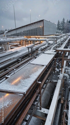 The old industrial factory is still operating even when covered in thick snow.