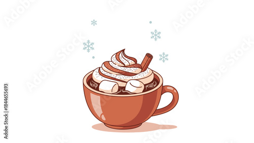 A digital illustration of a warm orange mug filled with hot chocolate, marshmallows, and whipped cream, garnished with a cinnamon stick, surrounded by falling snowflakes on a white