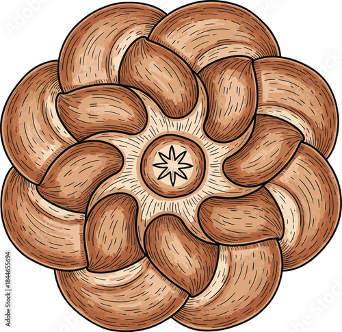 Intricate braided bread rosette illustration with detailed texture, rustic bakery style circular pastry design