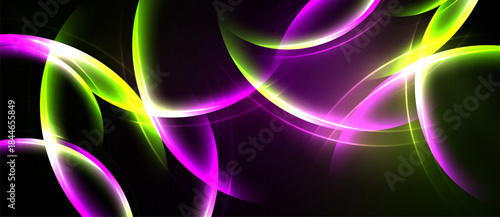 Abstract neon lights form flowing curves. Vivid colors blend against dark background. Dynamic energy radiates from design.