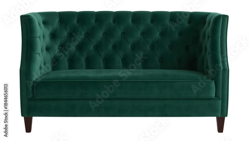 Green velvet chesterfield loveseat sofa with deep button tufting and high back for modern living room decor