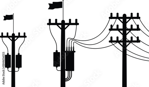 Electric power distribution poles illustration with transformers, transmission lines and utility infrastructure, black silhouette vector design for energy, electricity, industry, engineering concepts