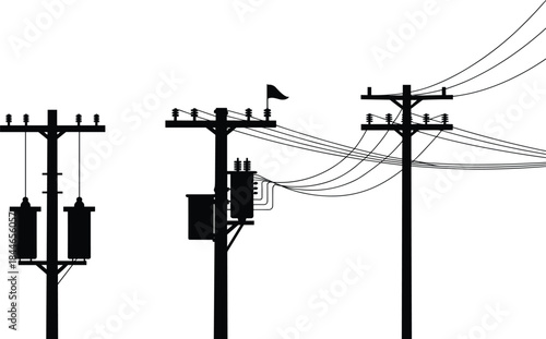 Electric power transmission and distribution poles silhouette vector, overhead utility lines infrastructure illustration, energy grid equipment, industrial electricity network design