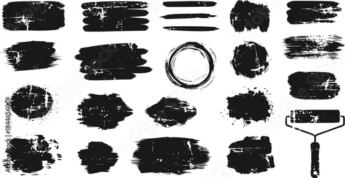 A collection of black grunge brush strokes, paint roller marks, and distressed textures for artistic design elements, isolated on a transparent background.