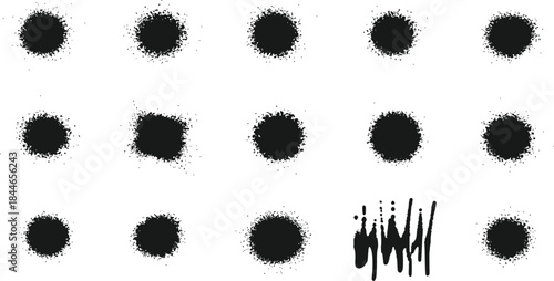 Set of Black Spray Paint Splatters and Graffiti Stencil Elements, Featuring Textured Circles and Paint Drips, Isolated on White Background