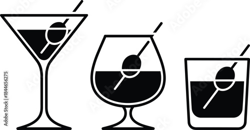 Cocktail glass icon set, martini whiskey and mixed drinks silhouettes, minimalist bar beverage symbols, black and white vector illustration for lounge design