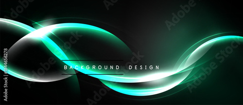 Dark background features vibrant turquoise flowing lines. Modern design element, sleek curves create dynamic visual impact. Minimalist aesthetic.