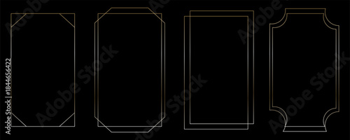 Thin golden frame set. Gold geometric border collection in art deco style. Thin linear shining rectangular shape bundle. Brass glowing shiny