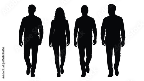 Four individuals walking forward depicted in dark contrast against a white background silhouette