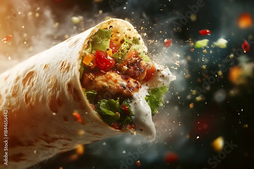 A chicken tikka wrap unrolling mid-air with yogurt dressing and salad flying around 
