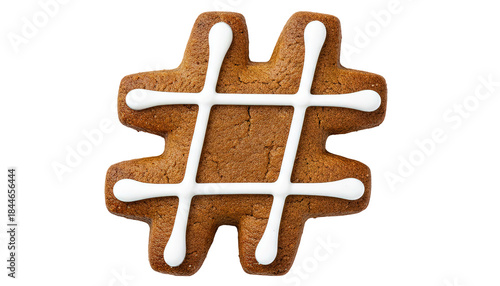 Homemade gingerbread cookie shaped as hashtag symbol with white icing for social media concepts Isolated on Transparent Background.