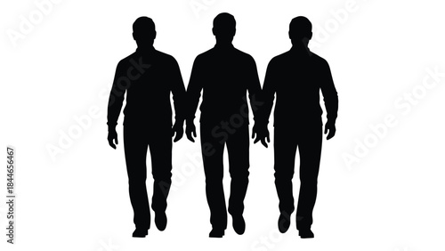 three men standing together arms linked viewed from the front as a dark silhouette