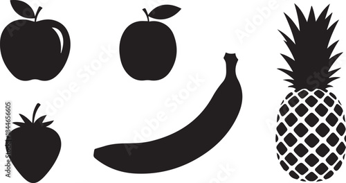 Assorted fresh fruit silhouettes apple strawberry banana pineapple healthy food icons