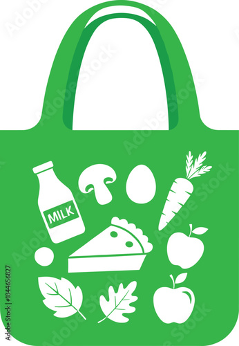 Green reusable grocery tote bag with white food icons, eco friendly shopping illustration for sustainable lifestyle