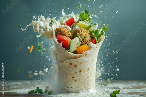 A crunchy falafel wrap exploding in the air with tahini sauce and fresh veggies bursting out 
