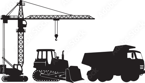 Construction site silhouette featuring crane excavator bulldozer and dump truck