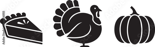 Thanksgiving symbols silhouette a slice of pie a turkey and a pumpkin icon set for celebration