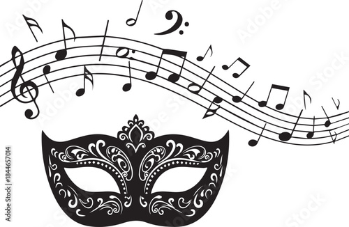 Ornate masquerade mask with flowing musical notes and staff
