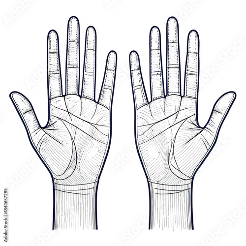 Detailed Outline Drawing of Open Human Hands Keywords: hands, open hands, palmistry, lines