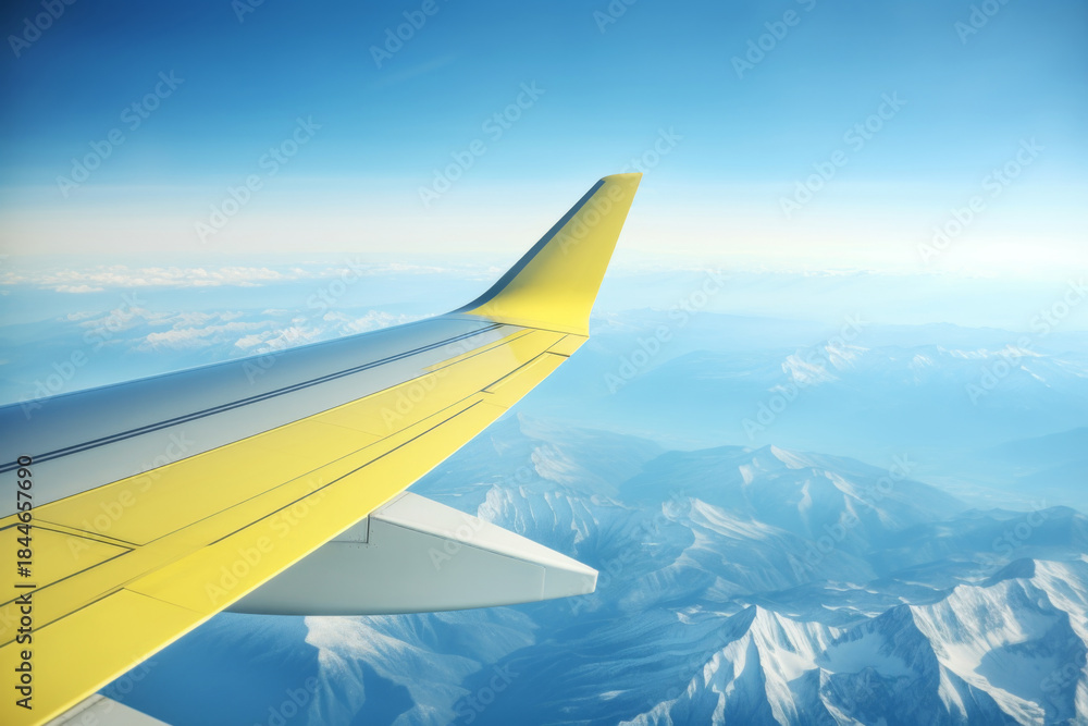 Obraz premium View from an airplane wing over majestic snow-capped mountains with a clear blue sky in the background